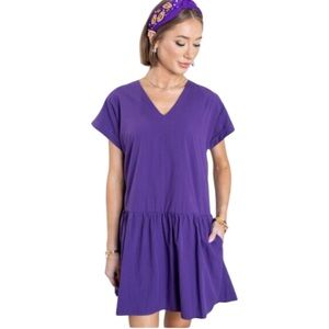 Pinch 100% Cotton Purple V-Neck Mini Dress With Pockets